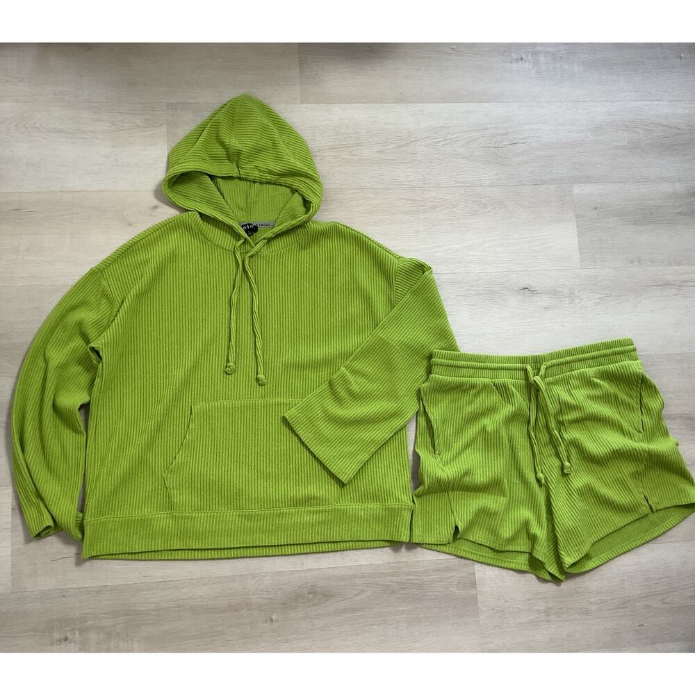 Zelos Ribbed Wide Cuff Hoodie and Shorts Set Greenway Large